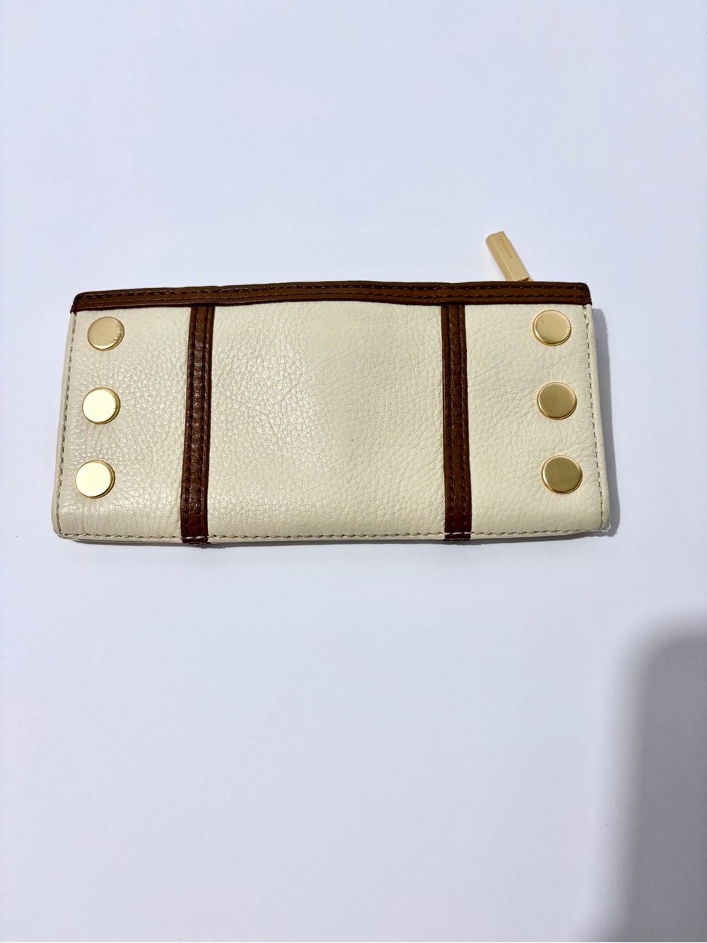 Hammitt Cream and Brown 110 North Zip Wallet with Gold Studs